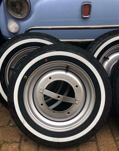 4X CLASSIC FIAT 500 WHITE WALL TYRES 125X12 TYRE AND ROAD WHEELS KIT NEW!