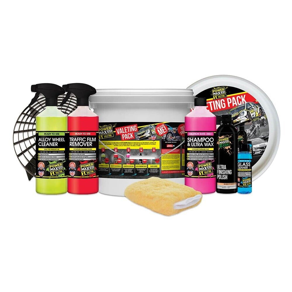 Car Valeting Kit incl. bucket, alloy wheel, shampoo, traffic film, polish, glass