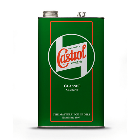 Front of castrol classic motor oil tin can of 20w50 mineral oil
