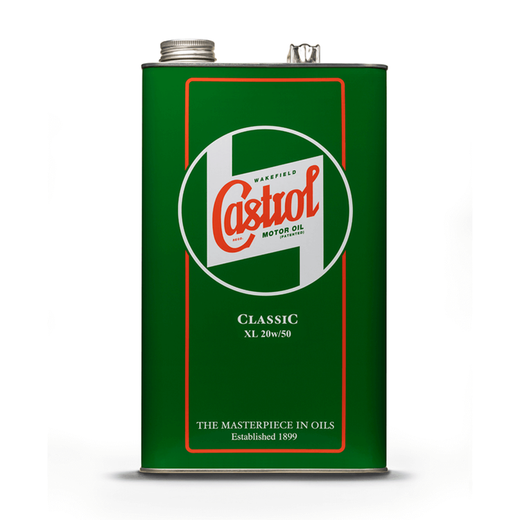 Front of castrol classic motor oil tin can of 20w50 mineral oil