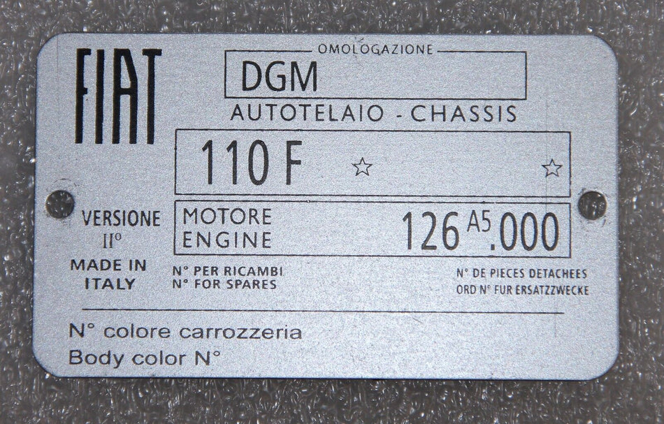 CLASSIC FIAT 500 R  CHASSIS PLATE- HIGHEST QUALITY