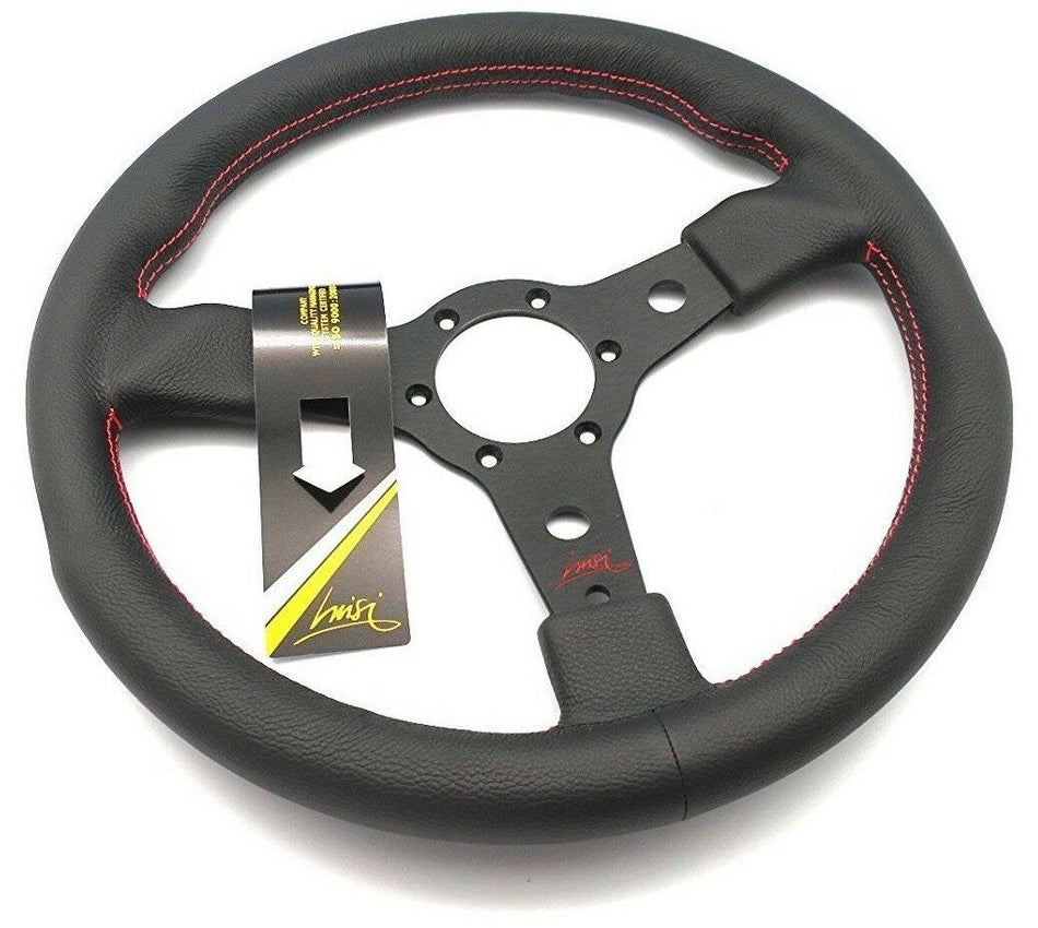 LEATHER SPORT STEERING WHEEL 350mm LUISI RACING RED STITCHING "Made in Italy"